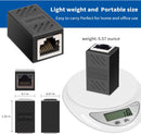 Black CAT 5e RJ45 network adapter enclosure shown in multiple views with text highlighting its light weight and portable size, plus a small photo of the unit sitting on a digital scale.