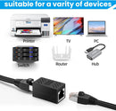 Black RJ45 to Ethernet adapter shown with labeled examples including printer, TV, PC, switch, router, and hub under the text 'suitable for a varity of devices' on a white background.