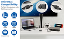 Universal RJ45 network adapter kit shown with a laptop, PlayStation 5 console, game controller, Nintendo Switch, and router on a desk, with three circular close-ups of the adapter and text stating 'Universal Compatibility' and 'Perfect for devices with RJ45 connector.'.