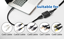Black RJ45 to USB-C adapter cable shown plugged into a laptop on a white background, with text reading 'Suitable for' and circular insets showing Cat5, Cat5e, Cat6, Cat7, and Cat8 cables.