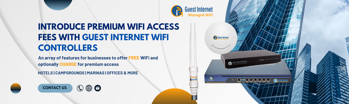 Introduce premium WiFi access fees with Guest Internet WiFi controllers. An array of features for businesses to offer free WiFi and optionally charge for premium access. Hotels, campgrounds, marinas, offices and more.