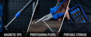 A three-panel close-up showing a screwdriver with magnetic tips, blue-handled pliers, and a portable screwdriver storage case in a person's pocket. Text labels read 'MAGNETIC TIPS', 'PROFESSIONAL PLIERS', and 'PORTABLE STORAGE'.