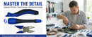 A promotional composite for a precision screwdriver set. The left side shows the product close-ups: a blue and black ergonomic TPR grip screwdriver, a swivel end cap, and a rust-resistant coated shaft, with text reading 'MASTER THE DETAIL.