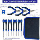 12-piece precision repair tool set displayed on a white background with labeled callouts, including pliers, screwdriver bits, a magnetizer, and an Oxford cloth pouch.