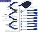 Pliers and screwdriver set size chart with product dimensions and tool measurements on a white background. The image shows several blue-and-black pliers with labeled sizes, a blue carrying pouch with pouch dimensions, and a row of blue-and-black screwdrivers with model labels.