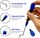 A hand holding a screwdriver with a blue and black ergonomic handle and a long magnetic metal tip, shown on a white background with feature callouts and inset circles explaining the strong magnetic tip, ergonomic handle, and 360-degree rotary swivel cap.