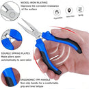 Nail file pliers with blue and black ergonomic handles, shown being held in a hand with feature callouts and circular detail insets on a white background.