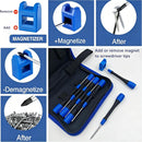 Blue magnetic screwdriver tip remover and demagnetizer tool set with a zippered carrying case, shown alongside instructional panels explaining how to add or remove magnets from screwdriver tips.