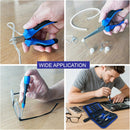 A four-panel collage demonstrating a blue and black multi-tool screwdriver set in use by hands and a man at a desk. The panels show wire wrapping, earbud repair, eyeglasses adjustment, and electronic component repair.