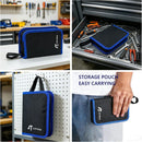 A collage showing a black and blue rectangular storage pouch from multiple angles and in use. The pouch has a white 'JUSTISE' logo on the front.