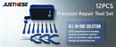 Justhese 12-piece precision repair tool set displayed on a gray gradient background, including various screwdrivers, pliers, and a blue-and-black carrying case. Text highlights '12PCS Precision Repair Tool Set' and 'ALL-IN-ONE SOLUTION'.