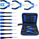 A multi-tool screwdriver set with blue and black handles, shown with several individual tools on the left and an open zippered case on the right, all on a white background.