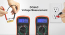 LJPXHHU Two digital multimeters with orange and black housings shown on a white background, alongside hands using test leads to measure voltage and plug into an outlet. Text reads 'DC&AC Voltage Measurement'.
