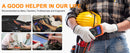 A promotional graphic for a multimeter tool. The right side shows a person in a plaid shirt and work gloves holding an orange and black multimeter, with a yellow hard hat resting on their shoulder.