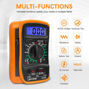 LJPXHHU Orange multimeter with digital display and various function icons on a white background