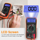 LJPXHHU Digital multimeter being used to check electrical connections with a focus on the LCD screen and flashlight functions.