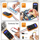 LJPXHHU Multimeter being used for various electrical tests including voltage, current, continuity, and battery tests.