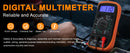 LJPXHHU An orange and black digital multimeter shown in use with red and black test leads, with a hand visible near the device. Large promotional text at the top reads 'DIGITAL MULTIMETER' and there are feature icons for AC/DC voltage, continuity test, battery test, and DC current.