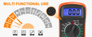 LJPXHHU A digital multimeter with an orange casing and black face, shown alongside an explanatory graphic of its multi-functional measurement modes. The multimeter has a blue backlit LCD screen displaying '0.