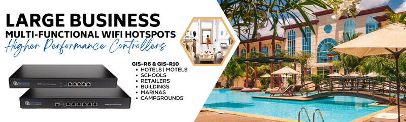 Guest Internet GIS-R6 and GIS-R10 for large business multi-functional wifi hotspots with higher performance controllers. For hotels, motels, schools, retailers, buildings, marinas, campgrounds.