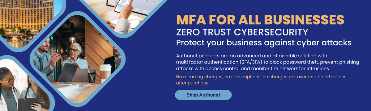 MFA for all businesses. Zero Trust Cybersecurity. Protect your business against cyber attacks. Authonet products are an advanced and affordable solution with  multi factor authentication (2FA/3FA) to block password theft, prevent phishing attacks with access control and monitor the network for intrusions. No recurring charges, no subscriptions, no charges per user and no other fees after purchase.