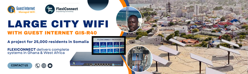 Large city WiFi internet service with Guest Internet GIS-R40. A project for residents in Mogadishu Somalia with Flexiconnect to deliver complete systems.