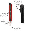 Mr. Pen - A labeled product diagram showing a small handheld electronic device in two views on a white background. The left view shows the device opened with callouts reading Battery Compartment, Buzzer, and NCV Probe.