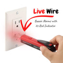 Mr. Pen - A hand holding a red and black voltage detector plug-in tool next to a white wall outlet, with red light glow and text reading 'Live Wire' and 'Buzzer Alarms with its Red Indicator' on a white background.