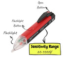 Mr. Pen - A red and black voltage detector flashlight with a clear pointed tip, shown on a white background with handwritten callouts pointing to the open button, flashlight button, flashlight, and sensitivity range 60-1000V.