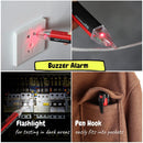 Mr. Pen - A 2x2 collage showing a red and black dual-ended testing tool: one panel shows it plugged into a wall outlet with a red light on, one shows it testing a wire, one shows it used as a flashlight on circuit breakers, and one shows a pen-shaped hook tucked into a brown pocket with text reading 'Pen Hook easily fits into pockets'. A yellow banner reads 'Buzzer Alarm'.
