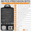 98-piece precision bits set with a carrying case on a white background