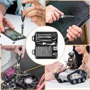 Collage of hands using a screwdriver, working on electronic devices, and a robot model.
