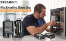 Man working on a computer with NECAMOCU screwdriver set displayed.