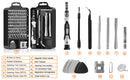 A 13-piece electronic repair tool kit shown with its carrying case and individual tools laid out on a white background. The kit includes a black multi-bit screwdriver set in a hard case, a black-and-white phone card pin tool, magnetic driver handles, an ESD tweezzer, various flat and narrow tools, suction cups, a magnetizer, and an anti-static wrist strap.