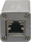 A close-up of a dark gray RJ45 Ethernet module with four corner screws and Chinese text printed on the top surface.