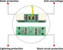 Technical diagram showing a green electronic protection circuit board from front and back, with callouts reading Static protection, Anti-overvoltage, Lightning protection, and Short circuit protection.