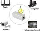A silver Ethernet switch or network hub with yellow and green cable loops, shown in a circular diagram surrounded by labeled icons for Router, Computer, Camera, and Network equipment on a white background.