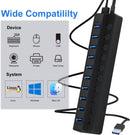 Black USB hub with multiple ports on a white background, featuring compatibility icons for various devices and operating systems.