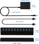 Measurement chart of a USB hub with cable, showing dimensions in centimeters and inches.