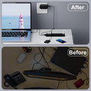 Before and after comparison of a desk setup with a laptop and accessories.