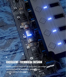 Close-up of a computer motherboard with text about technical design and safety features.