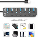 USB 3.0 hub with seven ports on a white background, showing compatibility with various devices.