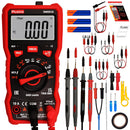 Plusivo DM501D digital multimeter with a red and black body, shown alongside its included test leads, batteries, probe tips, adapter, and user manual on a white background.