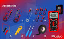 Plusivo - A product accessory set for a multimeter, featuring various included tools and cables on a blue and red gradient background. The set includes 8 different probes and accessories, numbered 1 through 8, with a red digital multimeter and its packaging box shown on the right.
