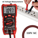 Red digital multimeter measuring AC voltage on a power strip with '110V AC' text.