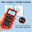 Hand holding a digital multimeter with 'Non contact voltage testing' text and an outlet in the background.