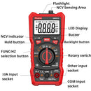 A red and black Plusivo digital multimeter with labeled callouts pointing to features such as the flashlight, NCV sensing area, LED display, buzzer, rotary switch, and input sockets on a white background.