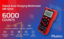 A red digital multimeter shown on a blue-to-red gradient promotional background with text reading 'Digital Auto-Ranging Multimeter DM 501D', '6000 COUNTS', and feature icons. The Plusivo brand name appears in the lower right.