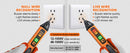 PROSTER - An instructional comparison graphic showing two orange and black non-contact voltage testers pointed at two wall outlets. The left side is labeled 'NULL WIRE RECOGNITION' and shows a slow buzzer, slow light flash, and yellow LCD reading.
