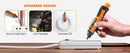 PROSTER - An orange and black multimeter-style testing tool is shown being held by a hand above a white power strip on a wooden surface, with three inset feature callouts reading Sound & Light Alarm, LED Flashlight, and Automatic Off.
